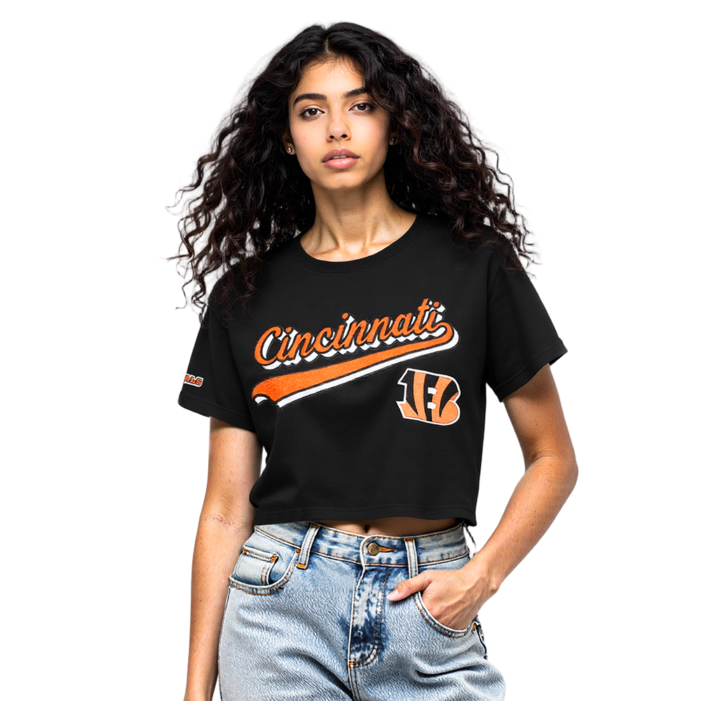 NFL CINCINNATI BENGALS SCRIPT TAIL T-SHIRT EN JERSEY SIMPLE À COUPE CARRÉE POUR FEMME (NOIR)
