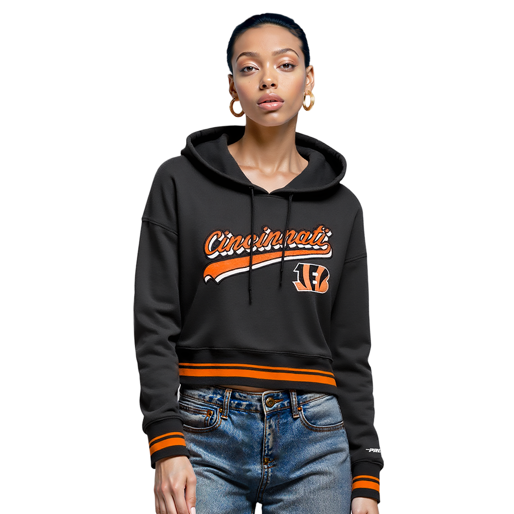 NFL CINCINNATI BENGALS SCRIPT TAIL WOMEN'S RIB FLC CROPPED PO HOODIE (BLACK/ORANGE)