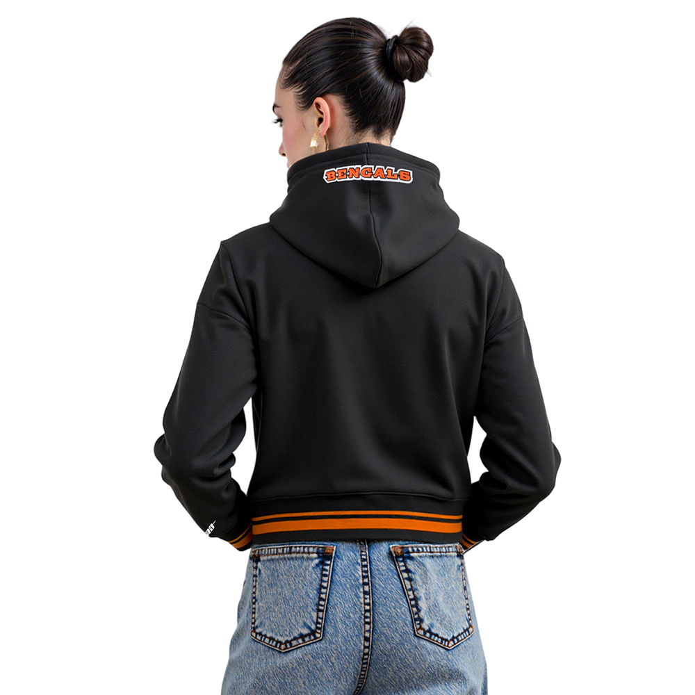 NFL CINCINNATI BENGALS SCRIPT TAIL WOMEN'S RIB FLC CROPPED PO HOODIE (BLACK/ORANGE)