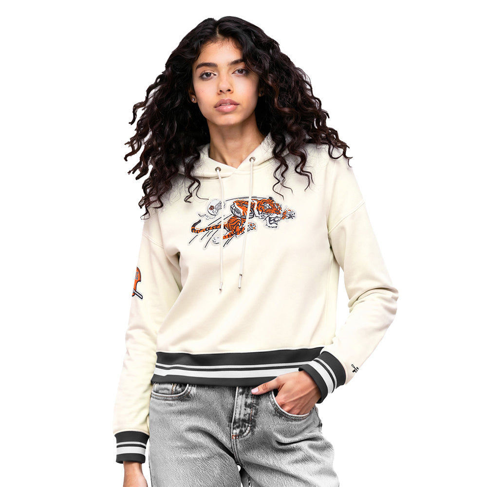 NFL CINCINNATI BENGALS RETRO CLASSIC WOMEN'S RIB CROPPED FLC PO HOODIE (EGGSHELL/ BLACK)