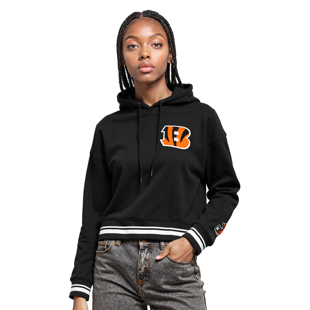 NFL CINCINNATI BENGALS MASHUP WOMEN'S RIB CROPPED PO HOODIE (BLACK)