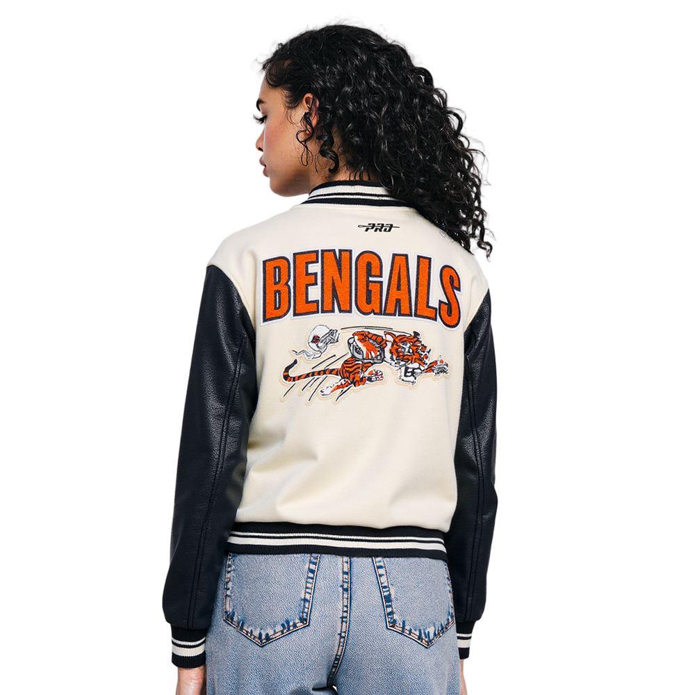 NFL CINCINNATI BENGALS RETRO CLASSIC WOMEN'S RIB WOOL VARSITY JACKET (EGGSHELL/ BLACK)