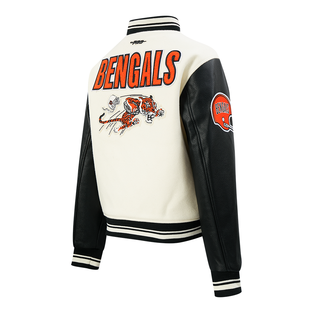 NFL CINCINNATI BENGALS RETRO CLASSIC WOMEN'S RIB WOOL VARSITY JACKET (EGGSHELL/ BLACK)
