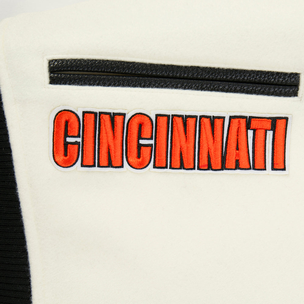 NFL CINCINNATI BENGALS RETRO CLASSIC WOMEN'S RIB WOOL VARSITY JACKET (EGGSHELL/ BLACK)