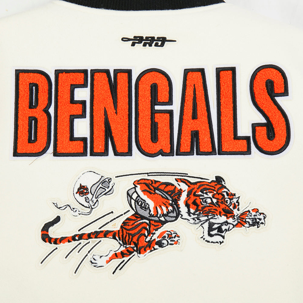 NFL CINCINNATI BENGALS RETRO CLASSIC WOMEN'S RIB WOOL VARSITY JACKET (EGGSHELL/ BLACK)