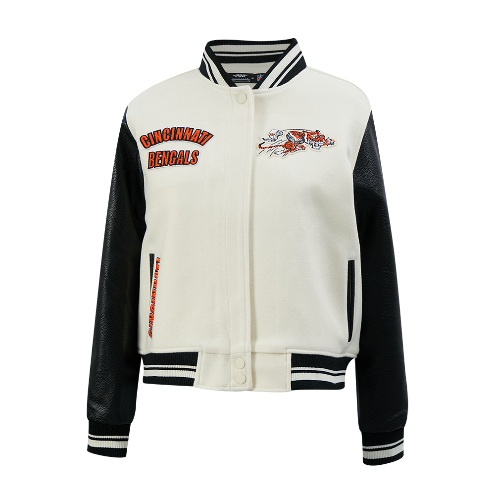 NFL CINCINNATI BENGALS RETRO CLASSIC WOMEN'S RIB WOOL VARSITY JACKET (EGGSHELL/ BLACK)