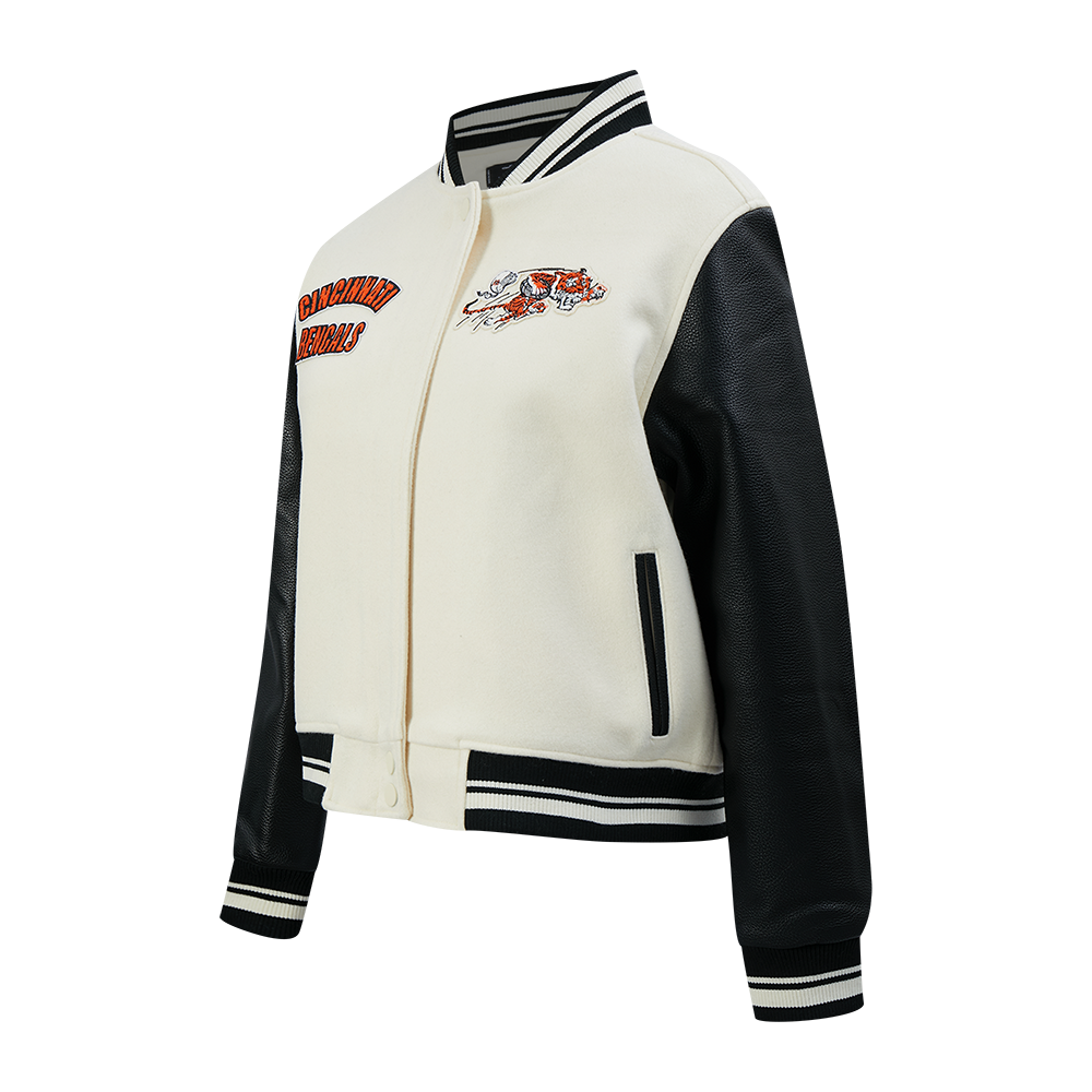 NFL CINCINNATI BENGALS RETRO CLASSIC WOMEN'S RIB WOOL VARSITY JACKET (EGGSHELL/ BLACK)