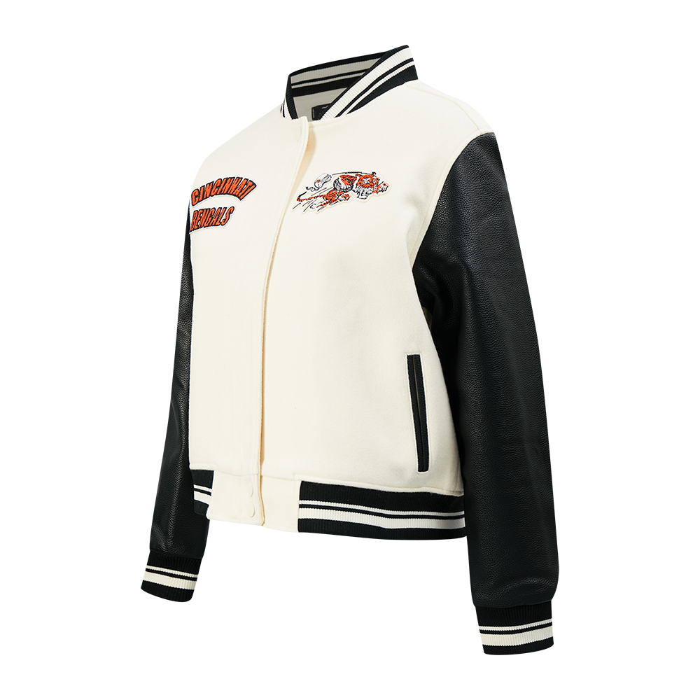 NFL CINCINNATI BENGALS RETRO CLASSIC WOMEN'S RIB WOOL VARSITY JACKET (EGGSHELL/ BLACK)