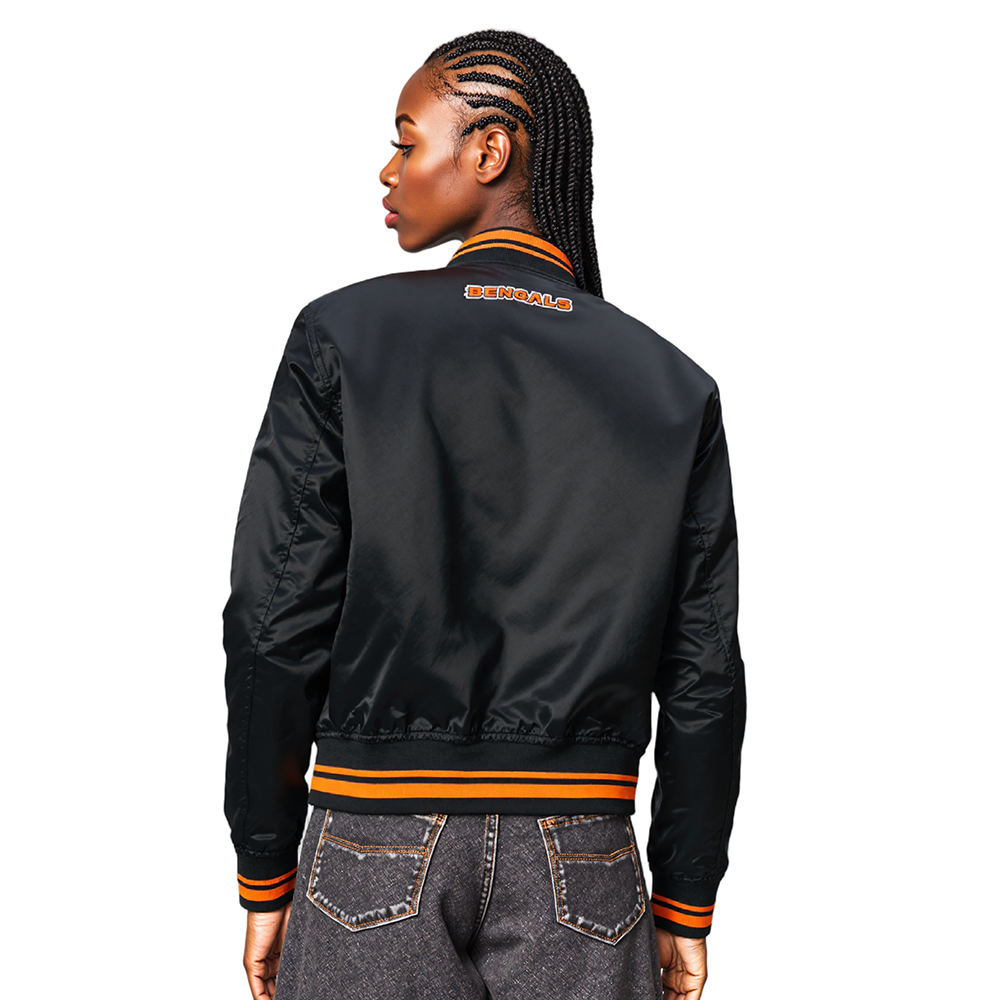 NFL CINCINNATI BENGALS SCRIPT TAIL WOMEN'S SATIN JACKET (BLACK/ORANGE)