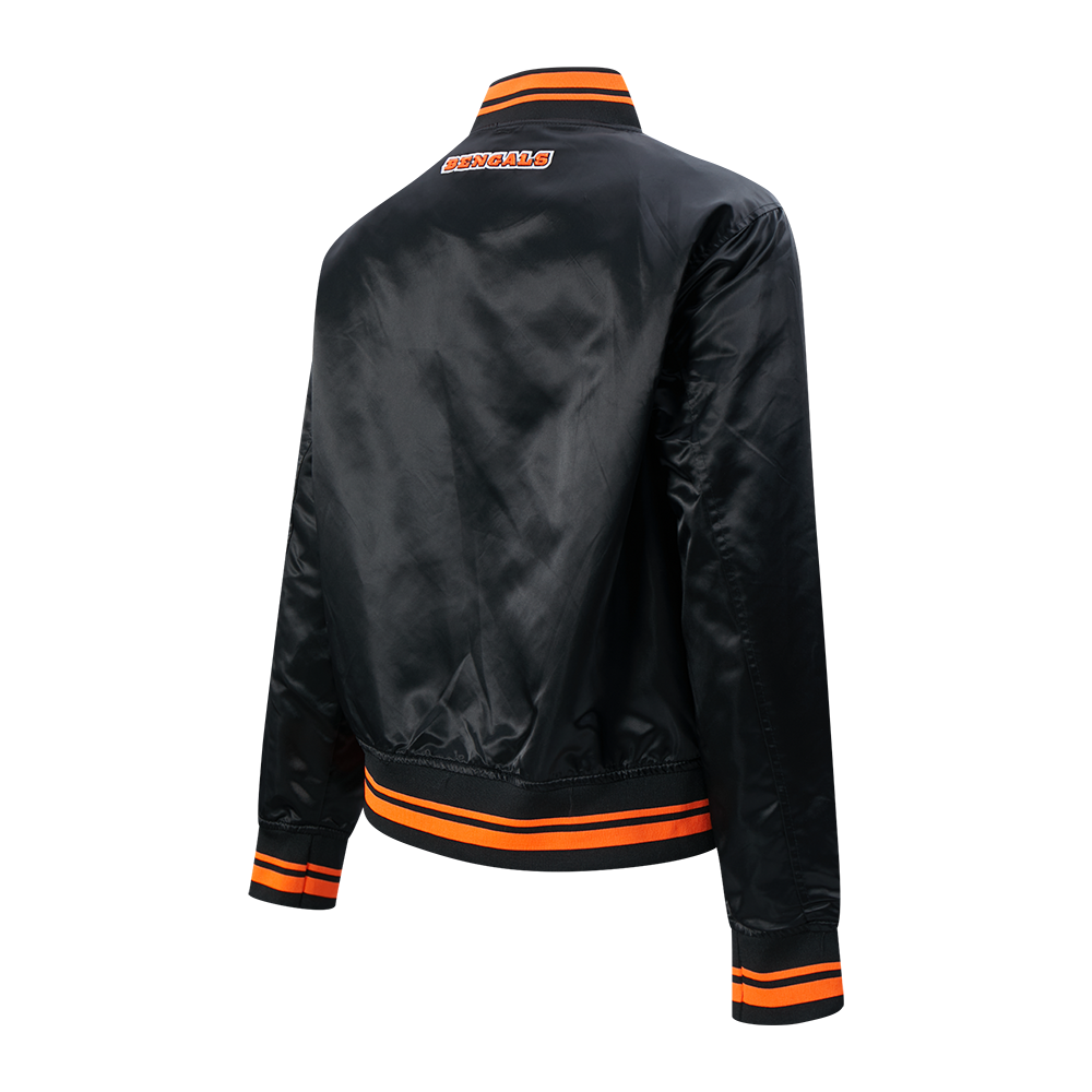 NFL CINCINNATI BENGALS SCRIPT TAIL WOMEN'S SATIN JACKET (BLACK/ORANGE)