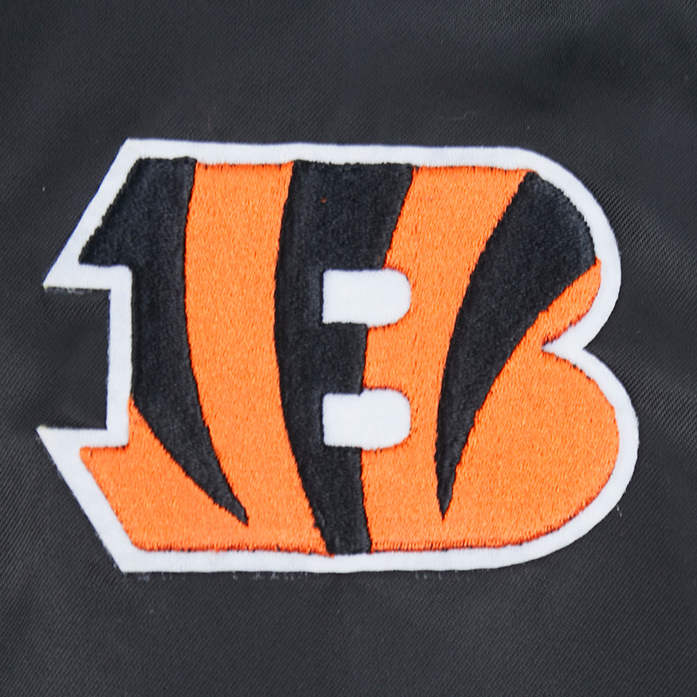 NFL CINCINNATI BENGALS SCRIPT TAIL WOMEN'S SATIN JACKET (BLACK/ORANGE)
