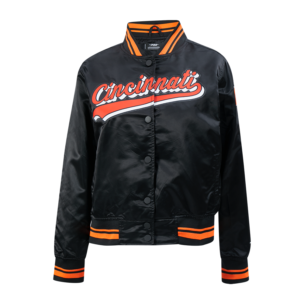 NFL CINCINNATI BENGALS SCRIPT TAIL WOMEN'S SATIN JACKET (BLACK/ORANGE)