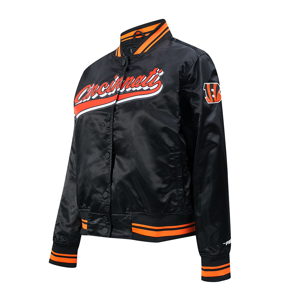 NFL CINCINNATI BENGALS SCRIPT TAIL WOMEN'S SATIN JACKET (BLACK/ORANGE)