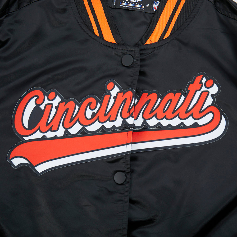 NFL CINCINNATI BENGALS SCRIPT TAIL WOMEN'S SATIN JACKET (BLACK/ORANGE)