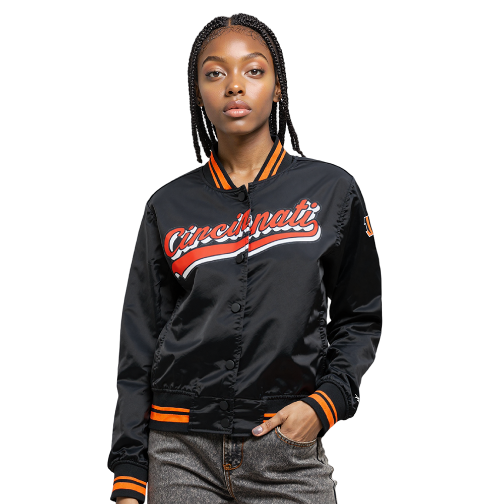 NFL CINCINNATI BENGALS SCRIPT TAIL WOMEN'S SATIN JACKET (BLACK/ORANGE)