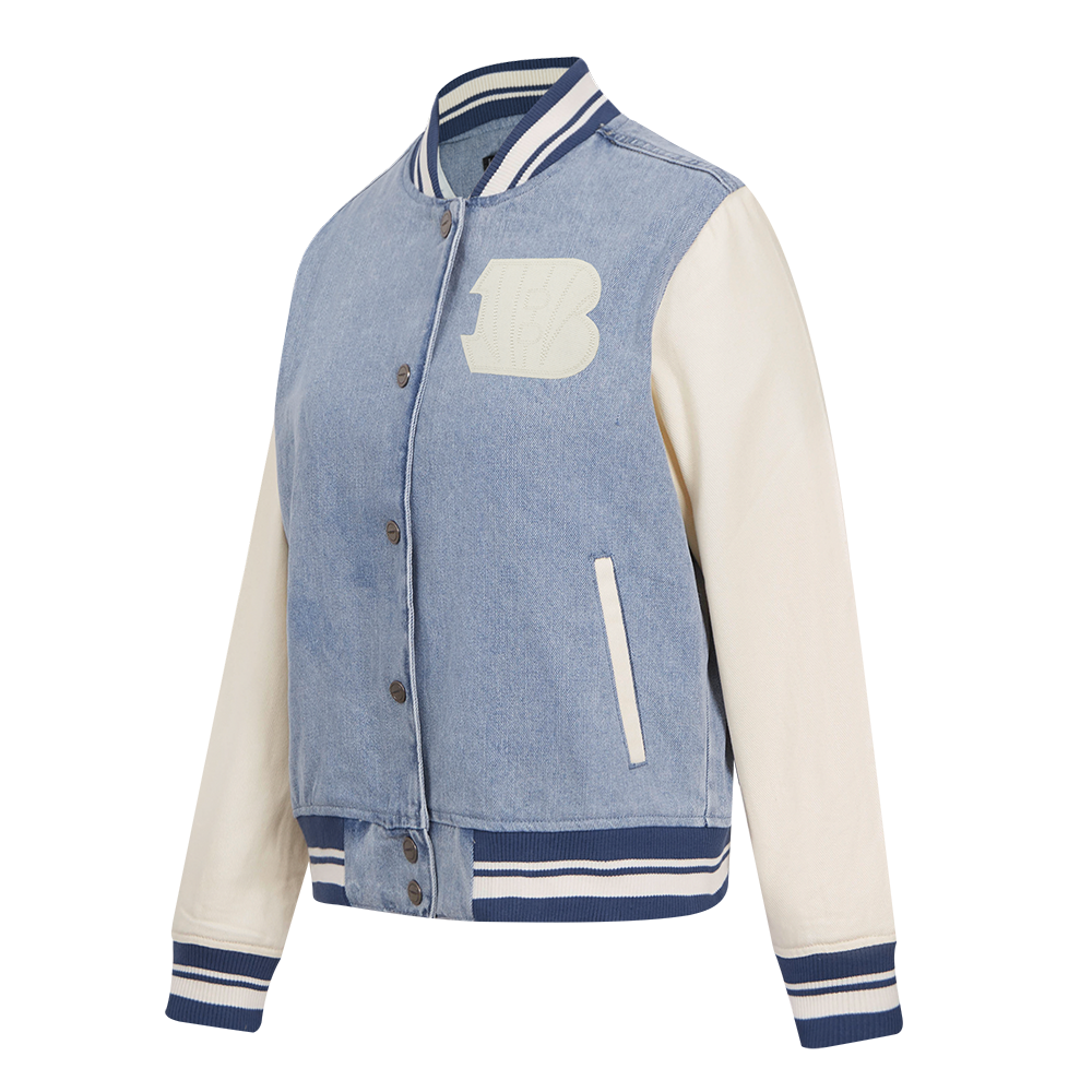 NFL CINCINNATI BENGALS VARSITY BLUES WOMEN'S DENIM VARSITY JACKET (DENIM/LINEN)
