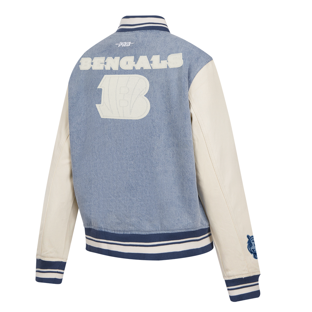 NFL CINCINNATI BENGALS VARSITY BLUES WOMEN'S DENIM VARSITY JACKET (DENIM/LINEN)