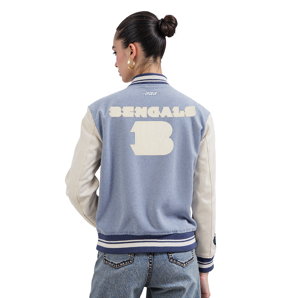 NFL CINCINNATI BENGALS VARSITY BLUES WOMEN'S DENIM VARSITY JACKET (DENIM/LINEN)