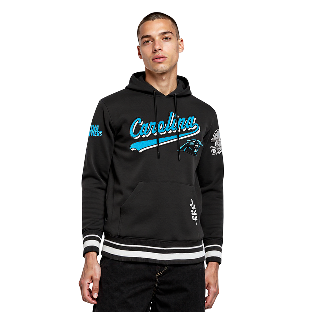 NFL CAROLINA PANTHERS SCRIPT TAIL MEN'S RIB FLC PO HOODIE (BLACK)