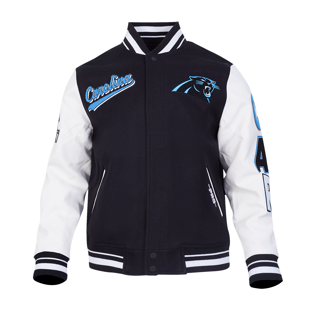 NFL CAROLINA PANTHERS SCRIPT TAIL BLOUSON COLLÉGIAL POUR HOMME (NOIR/BLANC)