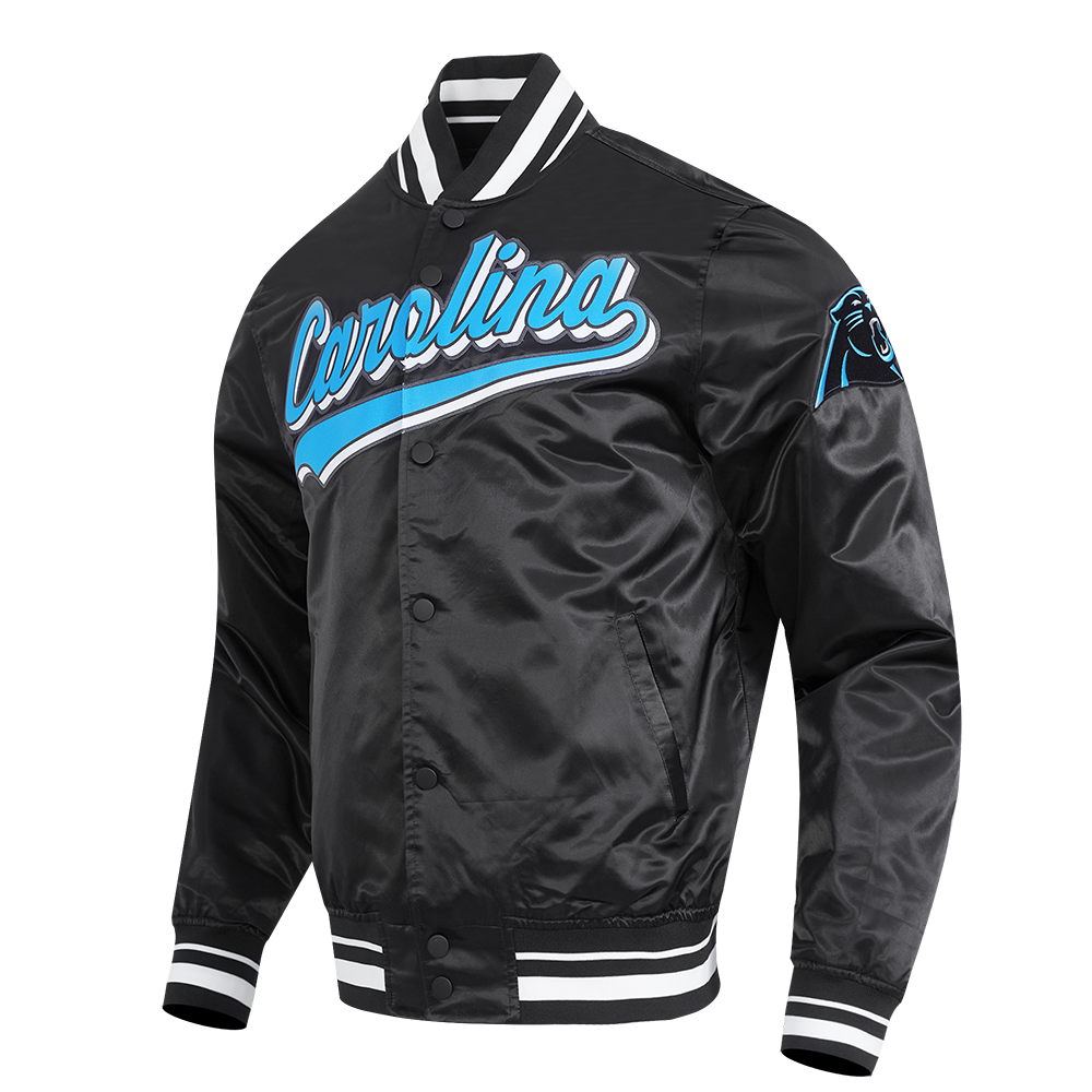 NFL CAROLINA PANTHERS SCRIPT TAIL MEN'S SATIN JACKET (BLACK)