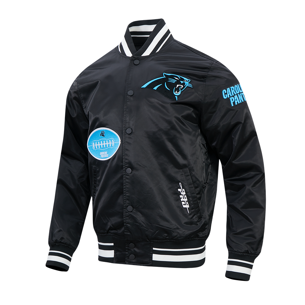 NFL CAROLINA PANTHERS OLD ENGLISH MEN'S RIB SATIN JACKET (BLACK)