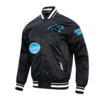 NFL CAROLINA PANTHERS OLD ENGLISH MEN'S RIB SATIN JACKET (BLACK)