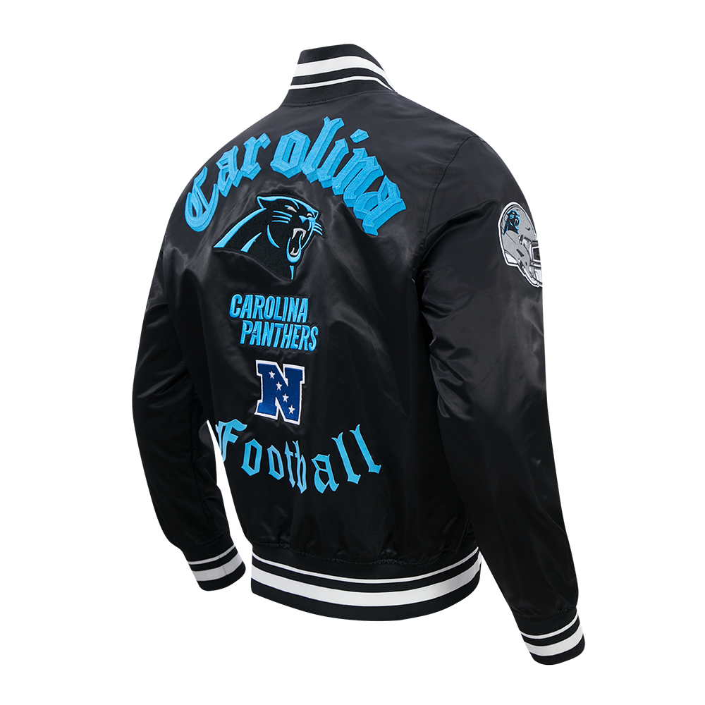 NFL CAROLINA PANTHERS OLD ENGLISH MEN'S RIB SATIN JACKET (BLACK)