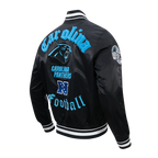 NFL CAROLINA PANTHERS OLD ENGLISH MEN'S RIB SATIN JACKET (BLACK)