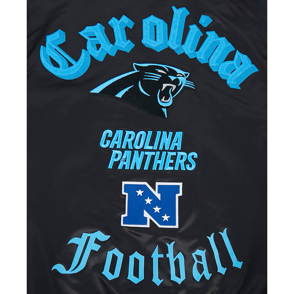 NFL CAROLINA PANTHERS OLD ENGLISH MEN'S RIB SATIN JACKET (BLACK)