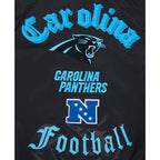 NFL CAROLINA PANTHERS OLD ENGLISH MEN'S RIB SATIN JACKET (BLACK)
