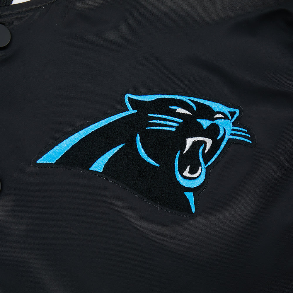 NFL CAROLINA PANTHERS OLD ENGLISH MEN'S RIB SATIN JACKET (BLACK)