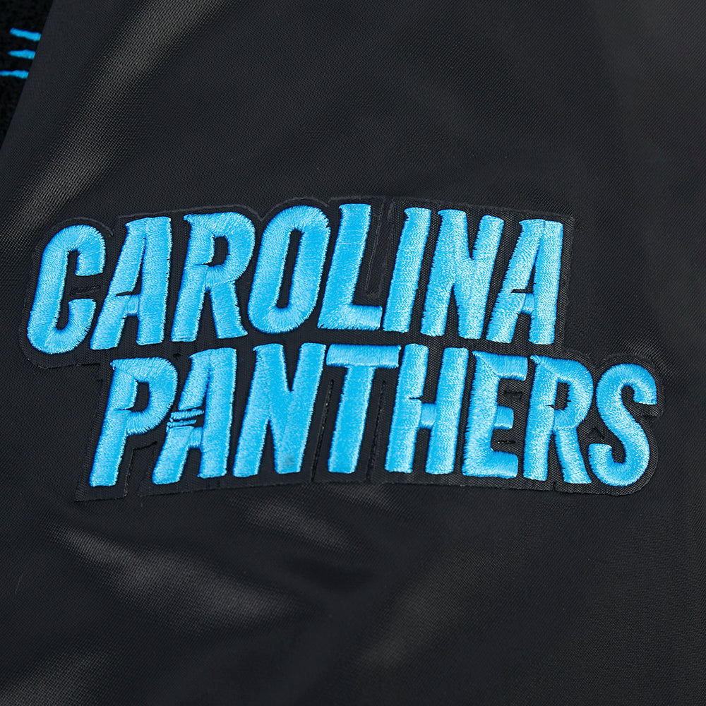 NFL CAROLINA PANTHERS OLD ENGLISH MEN'S RIB SATIN JACKET (BLACK)