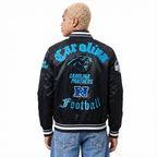 NFL CAROLINA PANTHERS OLD ENGLISH MEN'S RIB SATIN JACKET (BLACK)