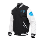 NFL CAROLINA PANTHERS OLD ENGLISH BLOUSON COLLÉGIAL EN LAINE À BORDS CÔTELÉS POUR HOMME (NOIR/BLANC)