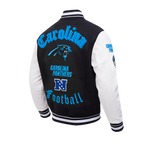 NFL CAROLINA PANTHERS OLD ENGLISH BLOUSON COLLÉGIAL EN LAINE À BORDS CÔTELÉS POUR HOMME (NOIR/BLANC)