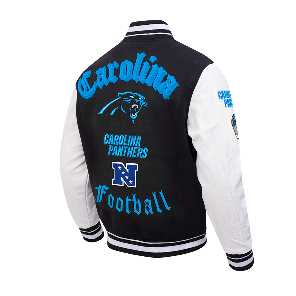 NFL CAROLINA PANTHERS OLD ENGLISH BLOUSON COLLÉGIAL EN LAINE À BORDS CÔTELÉS POUR HOMME (NOIR/BLANC)
