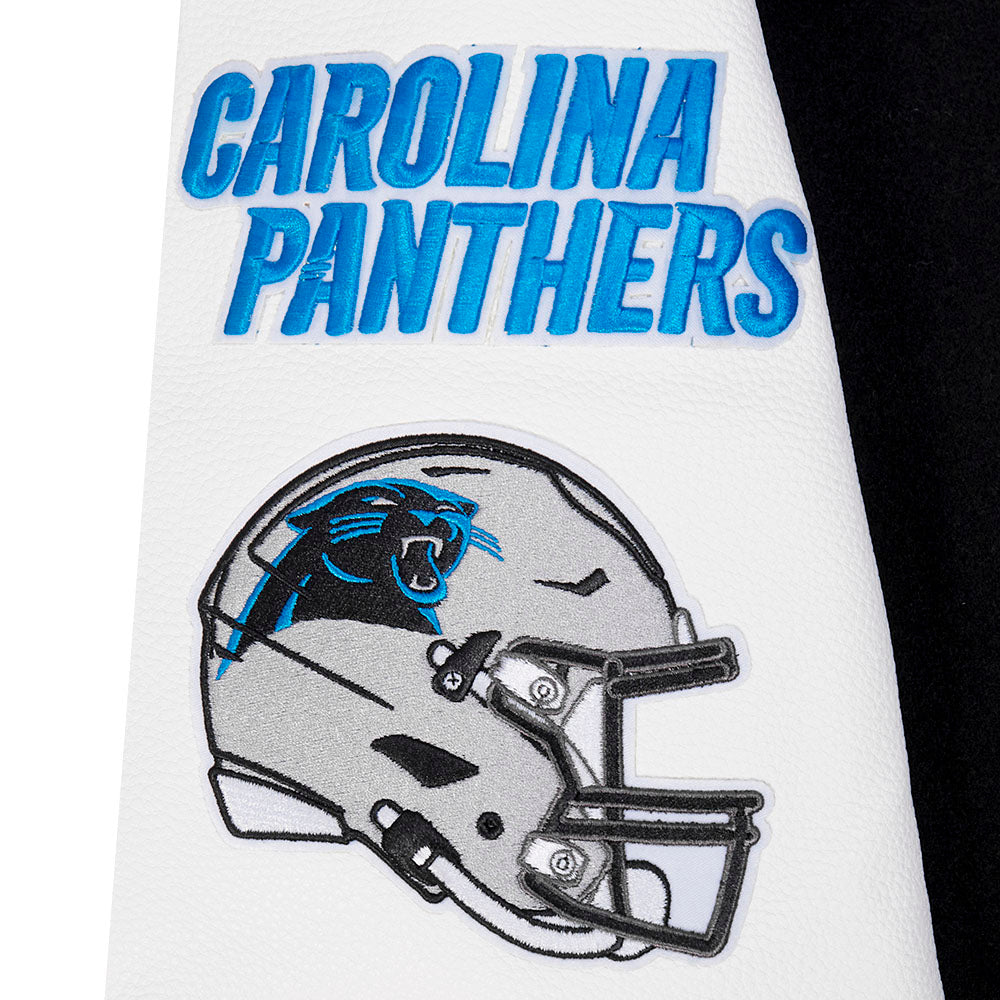 NFL CAROLINA PANTHERS OLD ENGLISH BLOUSON COLLÉGIAL EN LAINE À BORDS CÔTELÉS POUR HOMME (NOIR/BLANC)