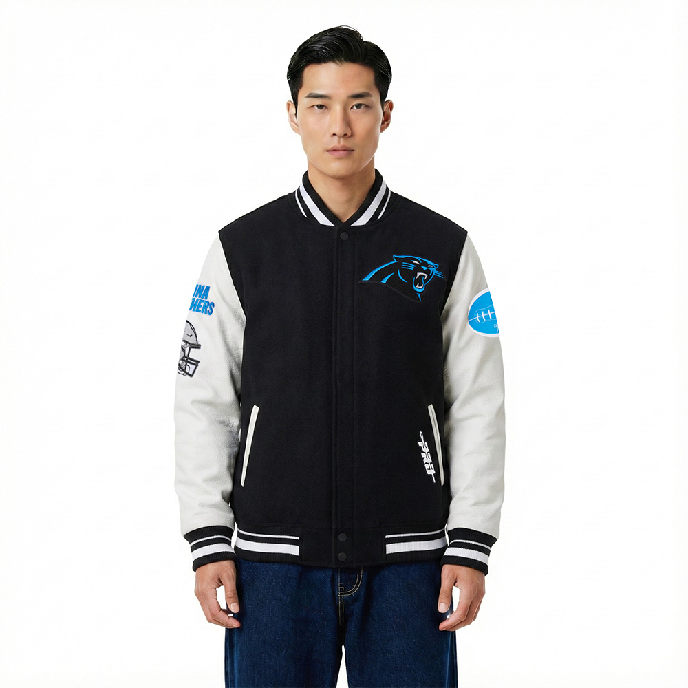 NFL CAROLINA PANTHERS OLD ENGLISH BLOUSON COLLÉGIAL EN LAINE À BORDS CÔTELÉS POUR HOMME (NOIR/BLANC)