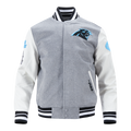 NFL CAROLINA PANTHERS OLD ENGLISH BLOUSON COLLÉGIAL EN LAINE À BORDS CÔTELÉS POUR HOMME (GRIS CHINÉ/BLANC/NOIR)