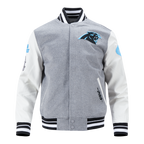 NFL CAROLINA PANTHERS OLD ENGLISH BLOUSON COLLÉGIAL EN LAINE À BORDS CÔTELÉS POUR HOMME (GRIS CHINÉ/BLANC/NOIR)
