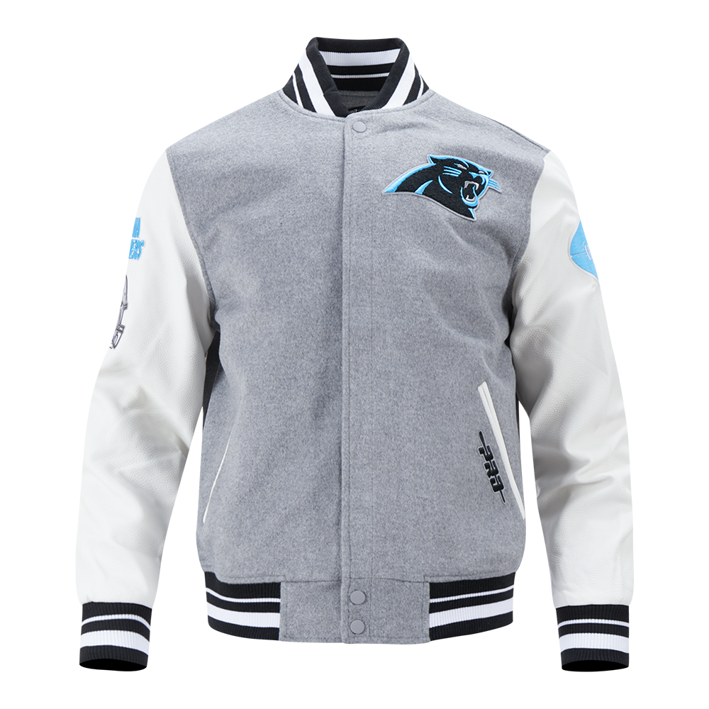 NFL CAROLINA PANTHERS OLD ENGLISH BLOUSON COLLÉGIAL EN LAINE À BORDS CÔTELÉS POUR HOMME (GRIS CHINÉ/BLANC/NOIR)