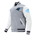 NFL CAROLINA PANTHERS OLD ENGLISH BLOUSON COLLÉGIAL EN LAINE À BORDS CÔTELÉS POUR HOMME (GRIS CHINÉ/BLANC/NOIR)