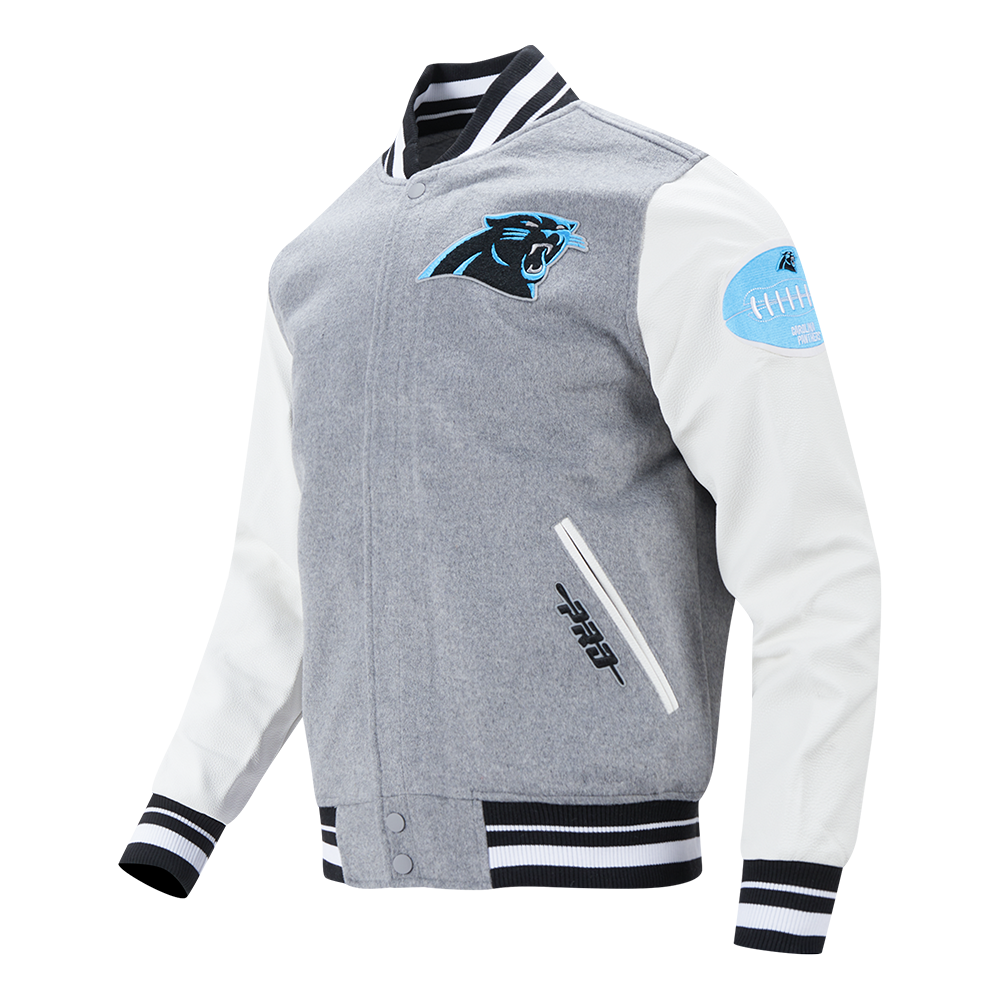 NFL CAROLINA PANTHERS OLD ENGLISH BLOUSON COLLÉGIAL EN LAINE À BORDS CÔTELÉS POUR HOMME (GRIS CHINÉ/BLANC/NOIR)