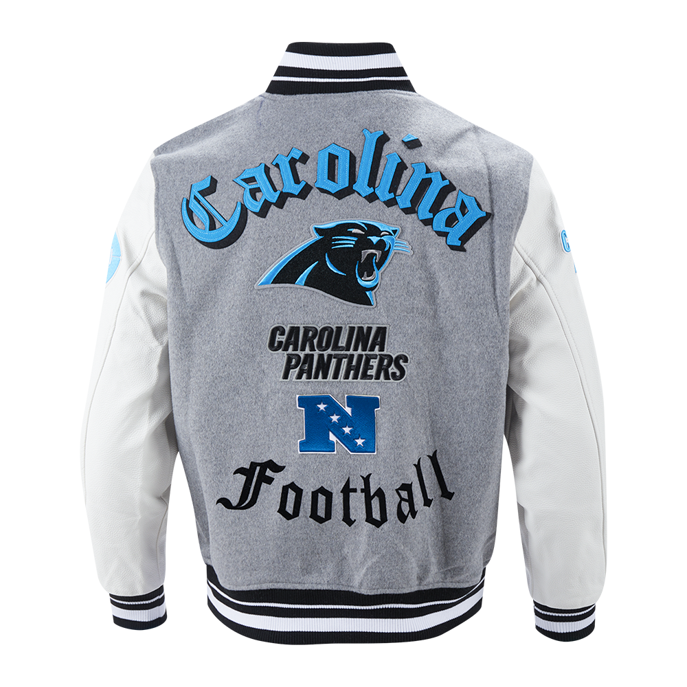 NFL CAROLINA PANTHERS OLD ENGLISH BLOUSON COLLÉGIAL EN LAINE À BORDS CÔTELÉS POUR HOMME (GRIS CHINÉ/BLANC/NOIR)