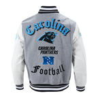 NFL CAROLINA PANTHERS OLD ENGLISH BLOUSON COLLÉGIAL EN LAINE À BORDS CÔTELÉS POUR HOMME (GRIS CHINÉ/BLANC/NOIR)