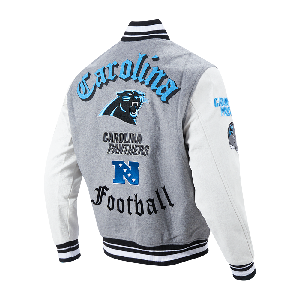 NFL CAROLINA PANTHERS OLD ENGLISH BLOUSON COLLÉGIAL EN LAINE À BORDS CÔTELÉS POUR HOMME (GRIS CHINÉ/BLANC/NOIR)