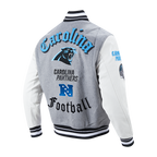 NFL CAROLINA PANTHERS OLD ENGLISH BLOUSON COLLÉGIAL EN LAINE À BORDS CÔTELÉS POUR HOMME (GRIS CHINÉ/BLANC/NOIR)