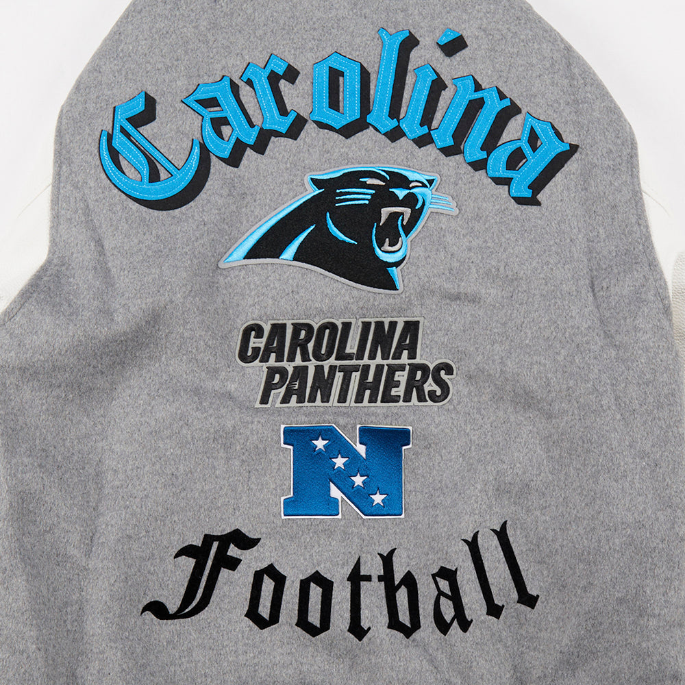 NFL CAROLINA PANTHERS OLD ENGLISH BLOUSON COLLÉGIAL EN LAINE À BORDS CÔTELÉS POUR HOMME (GRIS CHINÉ/BLANC/NOIR)