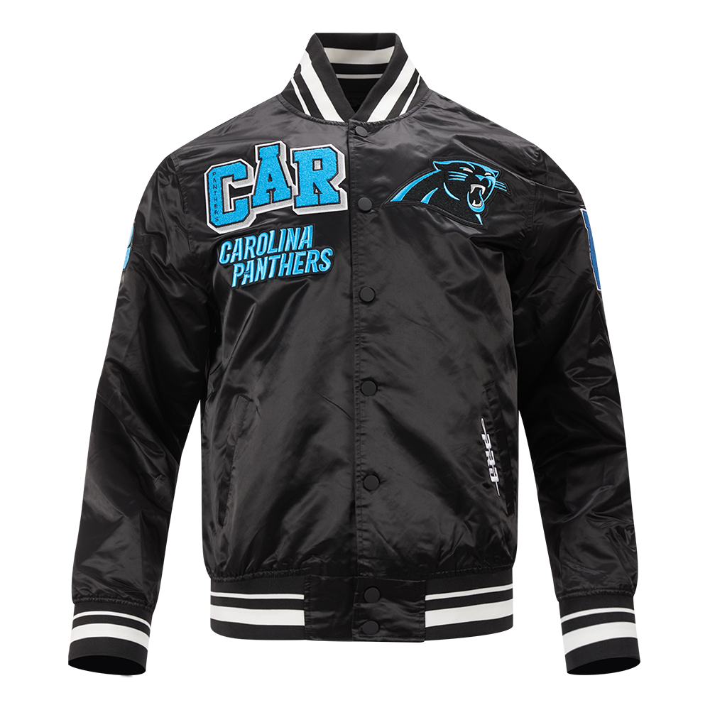 NFL CAROLINA PANTHERS MASH UP MEN'S RIB SATIN JACKET (BLACK)
